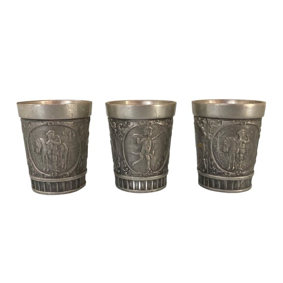 Set of 3 Grenningloh Pewter Waidmanns Heil (Hunters Hail) Shot Glasses - Picture 1 of 5